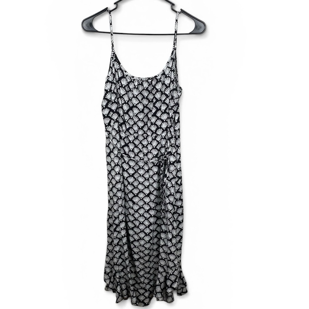 J. Crew Black & White Printed Tie Waist Ruffle Hem Midi Dress size 8